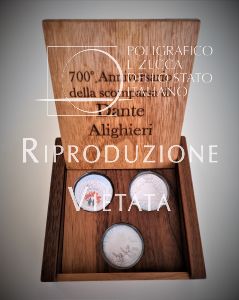 Confezione lusso per il trittico di monete in argento dedicate al “700° Anniversario della Scomparsa di Dante Alighieri” 